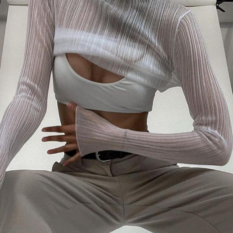 Solid Sheer Mesh High Neck Long Sleeve Slim Fit Women T Shirt Top