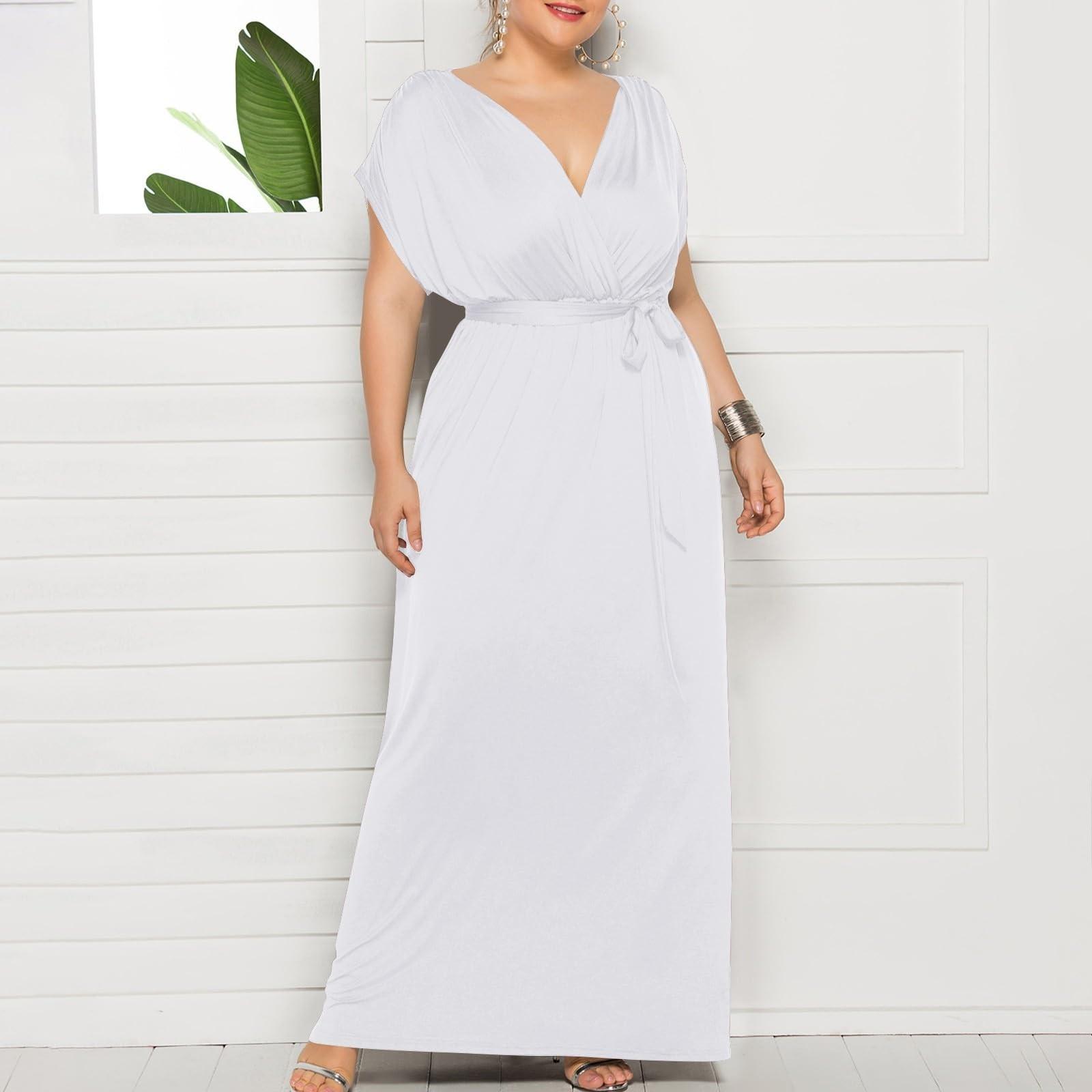 

Женское модное и сексуальное платье большого размера однотонное с V-образным вырезом, короткими рукавами и свободным подолом M белый