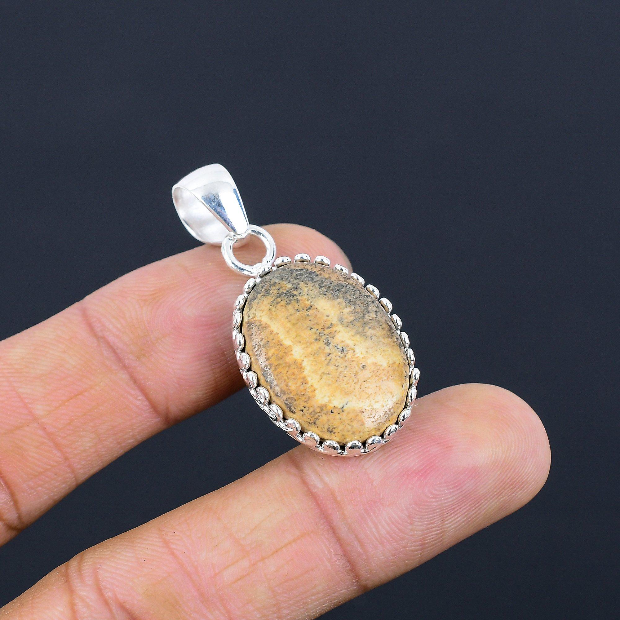 

925 Sterling Silver Picture Jasper Gemstone Sister Artisan Bezel Pendant Jewelry