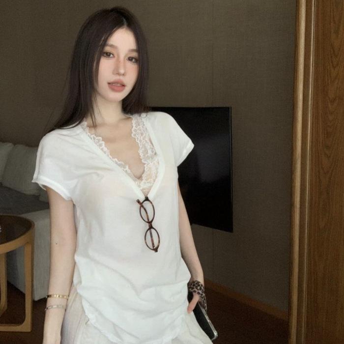 Summer Lace Inner Sweet and Spicy Gentle Wind Solid Color Vest Dark V-neck Off-the-shoulder Loose Short-sleeved T-shirt Top Women Ins