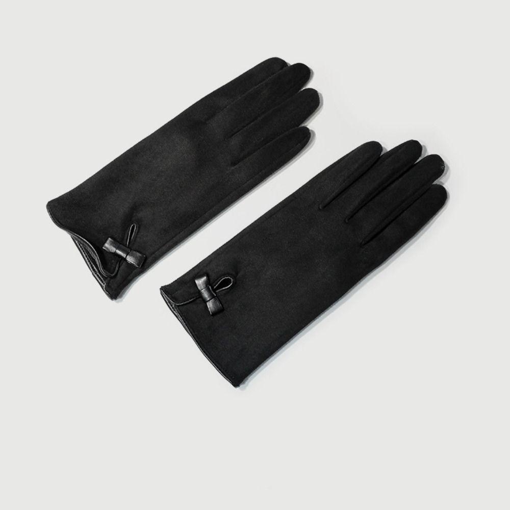 Soft Pu Leather Gloves Velvet Women Cycling Mittens Cute Winter Bow Suede Gloves Autumn