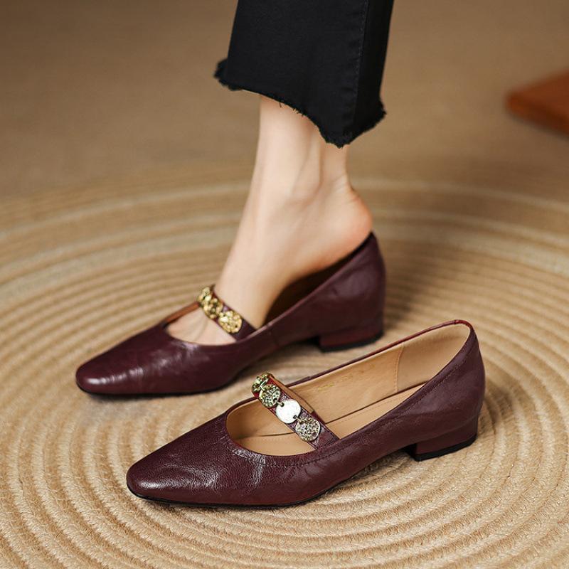 

French retro square head Mary Jane shoes versatile women s single shoes spring and summer new light mouth low heel solid color leather shoes commuting 40 бордовый
