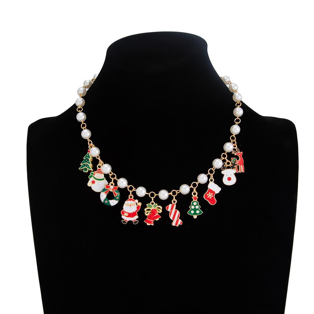 Creative Gifts Santa Pendant Holiday Necklace, Christmas Tree Imitation Pearl Chain Necklace