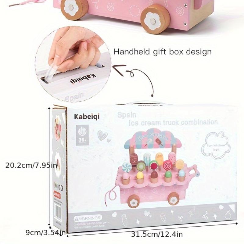 Wooden Pretend Play Ice Cream Truck, Dessert Shop Role Playing Toy Photography Props, Game Room Decorations,8 Ice Cream Stands and 4 Accessories,