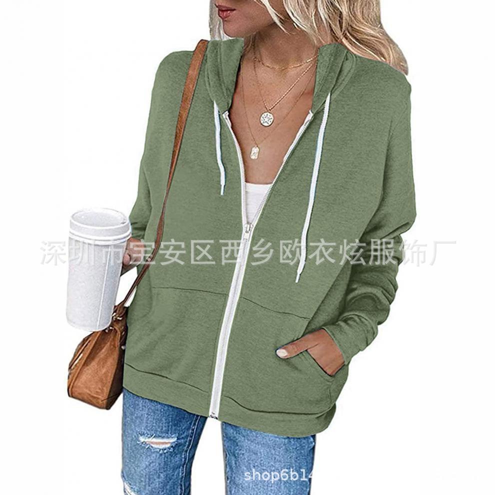 Women S Solid Color Long Sleeve Hooded Zip Up Sweatshirt With Pockets Drawstring