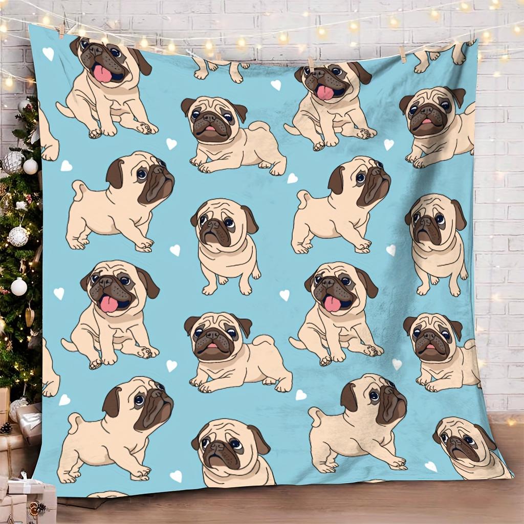 Cute Pug Dog Print Throw Blanket - Adorable Pet Animal Motif Soft Lightweight Accent for Sofa Bed Travel Office Gift