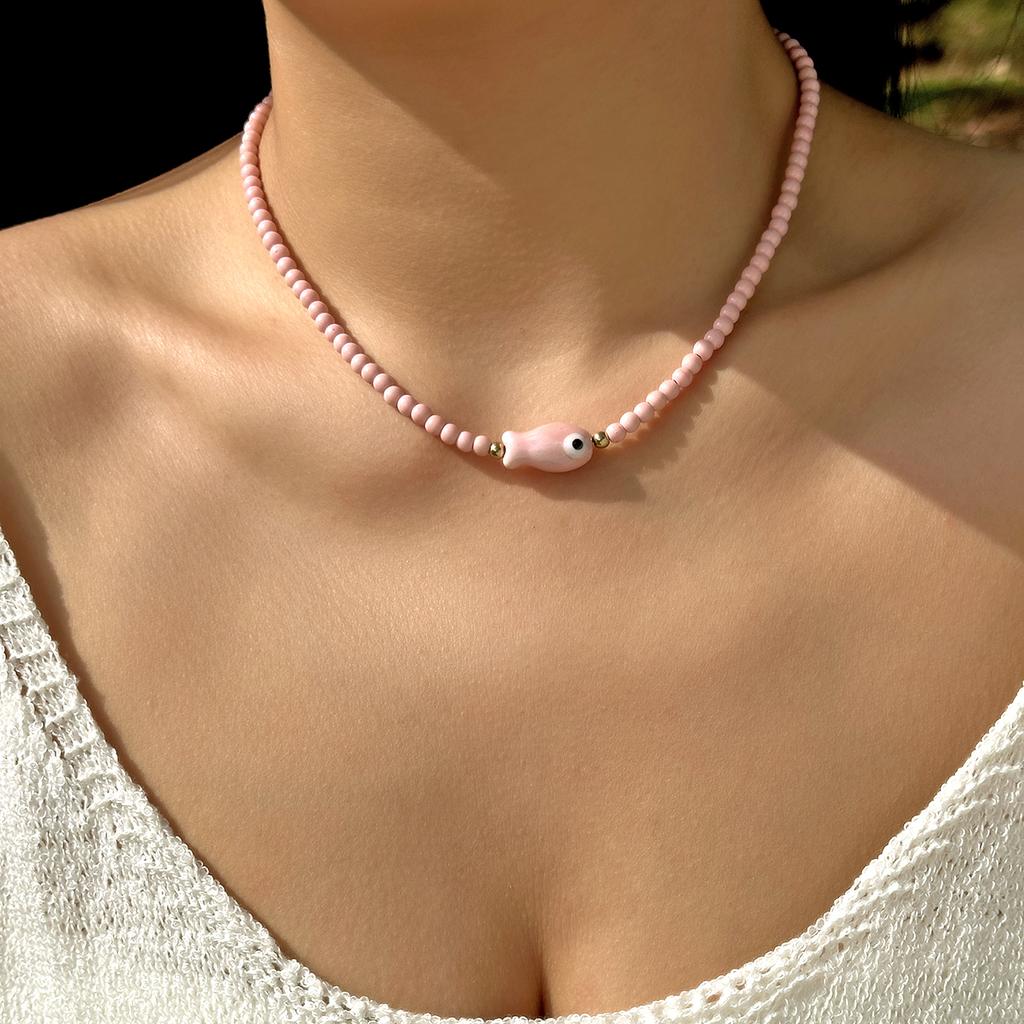 Minimalist Aqua Blue Beaded Choker for Women Cute Ocean Fish Pendant Collar Necklace Summer Beach Vacation Jewelry
