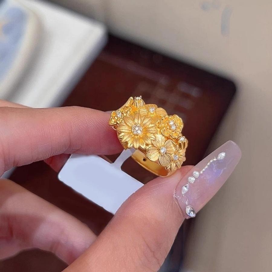 Flower Brocade Gold Brushed Zircon Flower Ring Female Index Finger Ring Design Ring