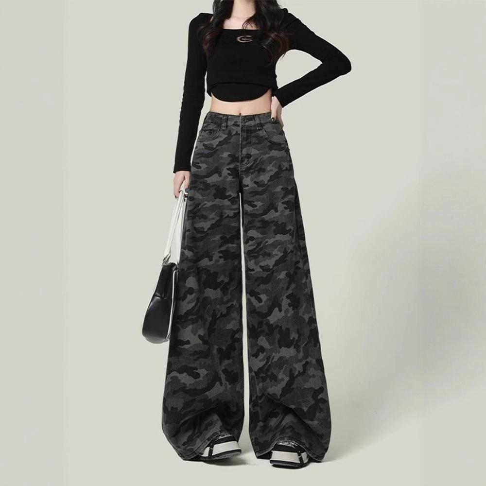 High-waisted Workwear Denim Camouflage Wide-legged Trousers Female Loose Straight Big Yards Casual Trousers Jeans for Women Long Denim Pants