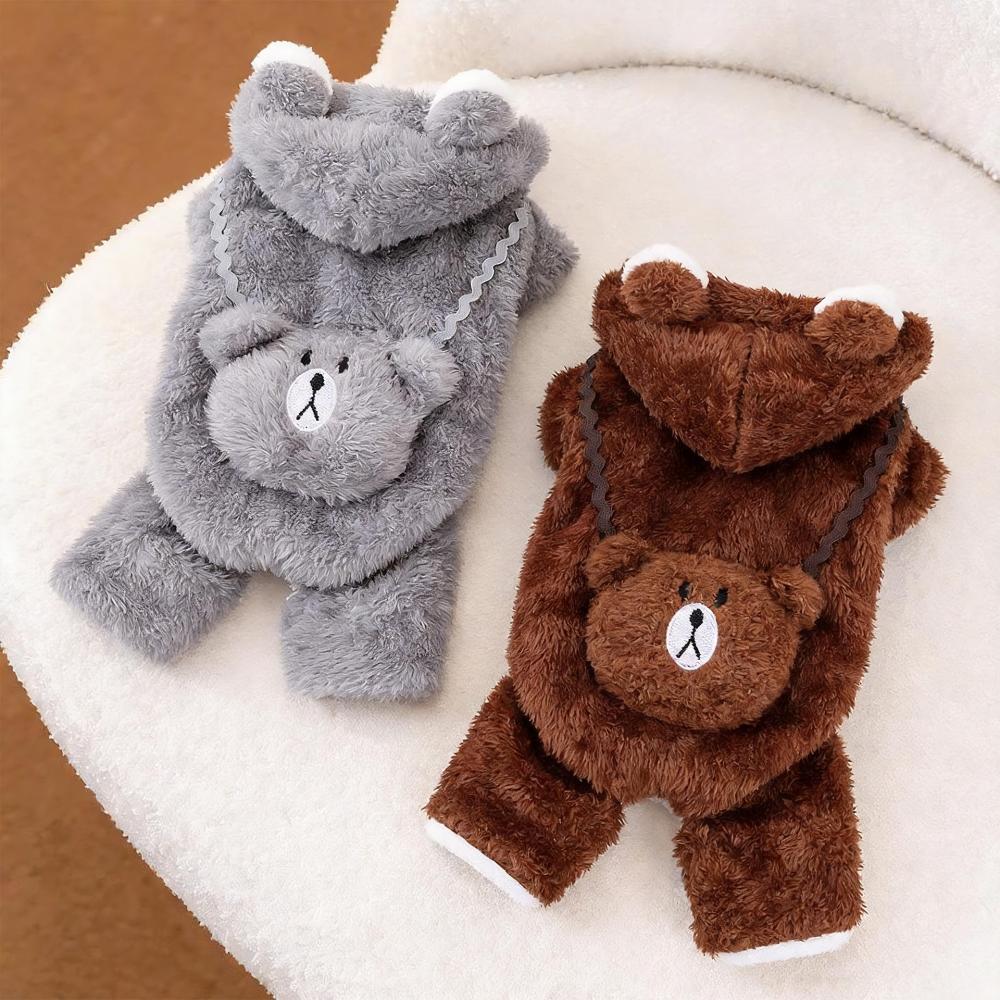 Hunde-Overall aus Polyester mit Fleece-Futter und Kapuze, Bären-Design, Vierbeinige Winter-Haustierkleidung für kleine Hunde