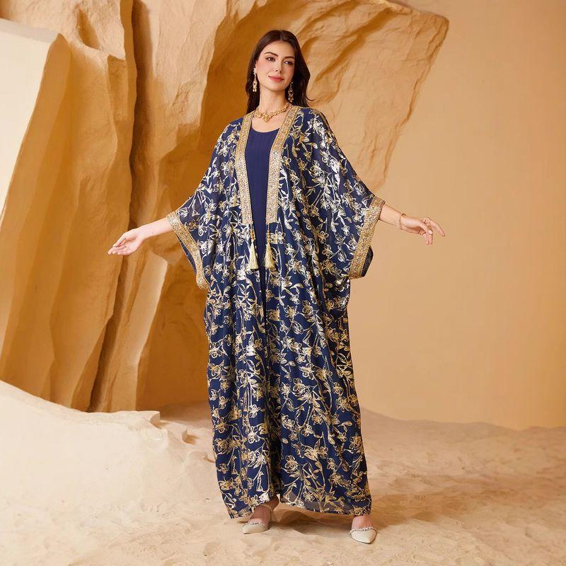 

Индонезия Большой размер Бронзовый кардиган Жилет с широкими рукавами Базовое Длинное платье Комплект Халат Рукав 3/4 Кисточка Костюм Tibetan youth 2XL