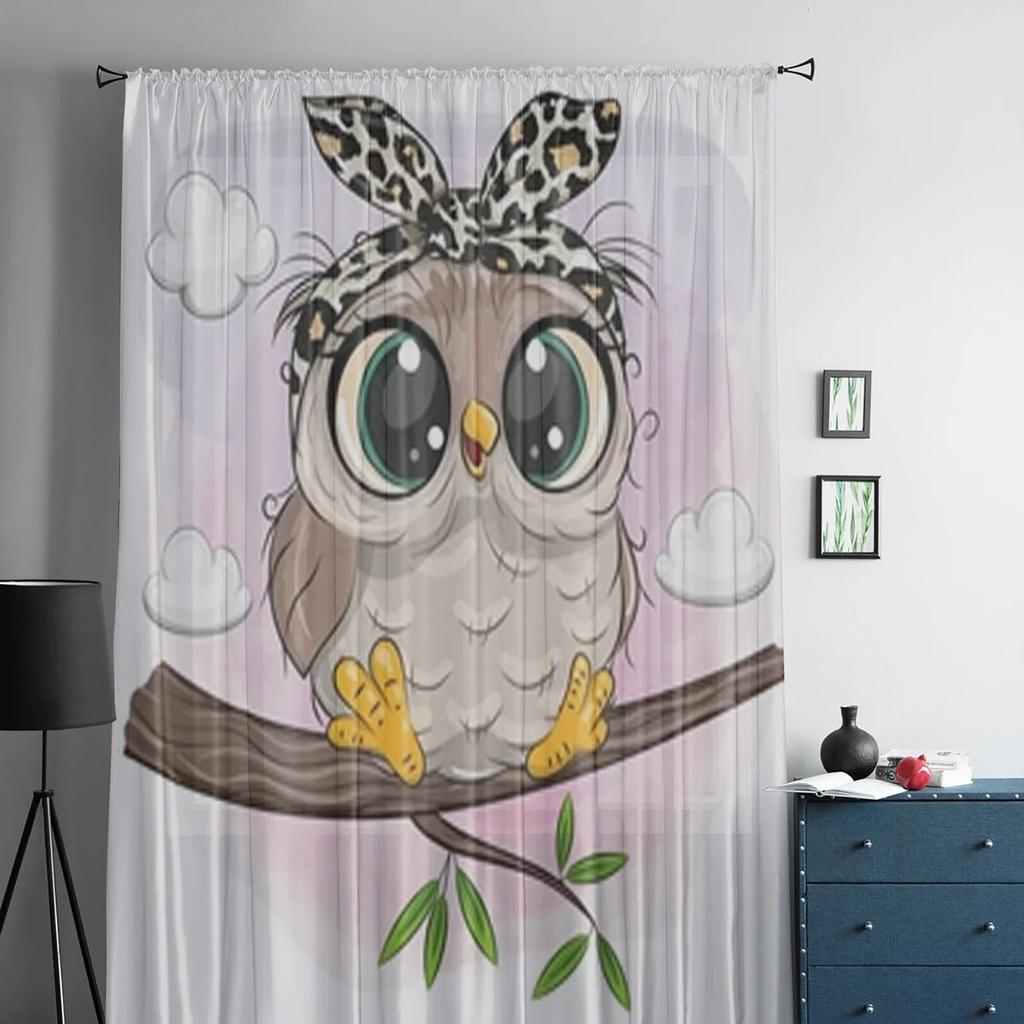 Cartoon Cute Owl Chiffon Sheer Curtains For Living Room Bedroom Decoration Window Tulle Curtains Drapes
