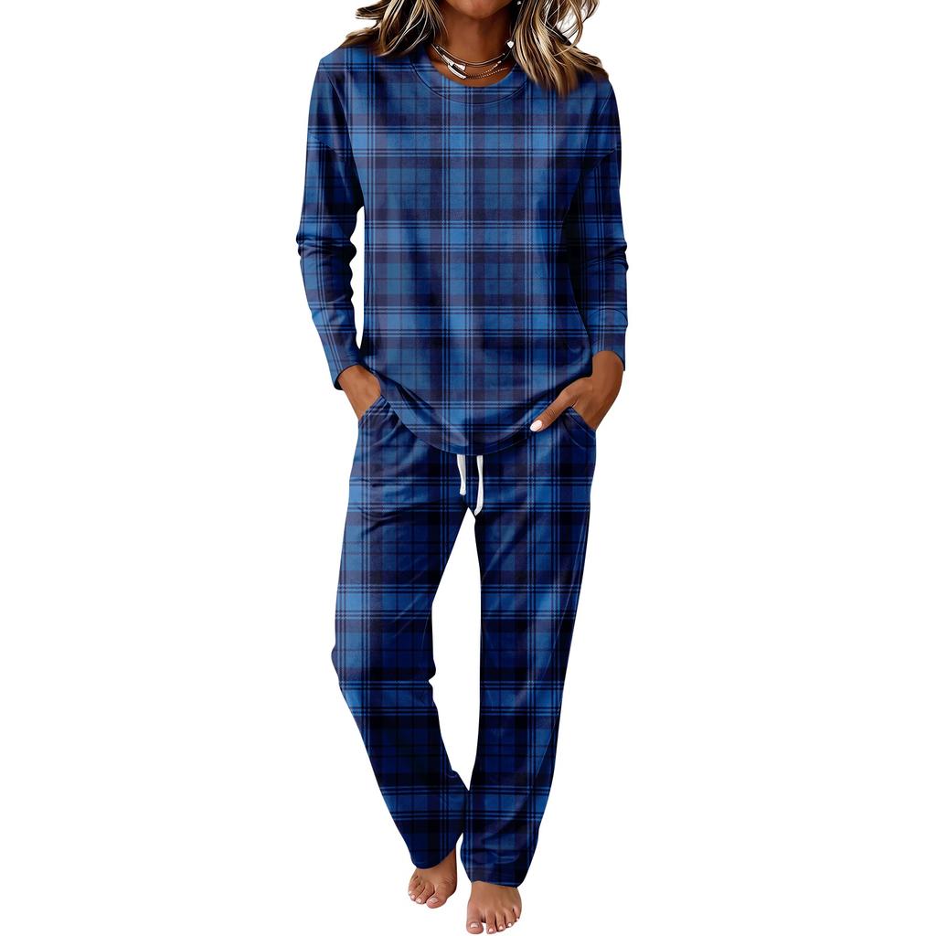 Set Pigiama Casual da Donna a Manica Lunga con Scollo Rotondo e Coulisse, Gamba Larga, per Dormire