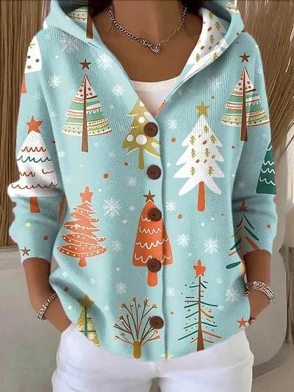 New V-neck button long-sleeved hooded sweater autumn and winter Christmas fashion personalized coat women