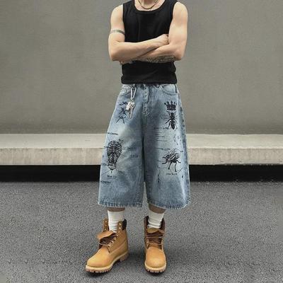 Men's Retro Street Style Washed Graffiti Denim Shorts - Loose, Straight, Casual Fit for Summer