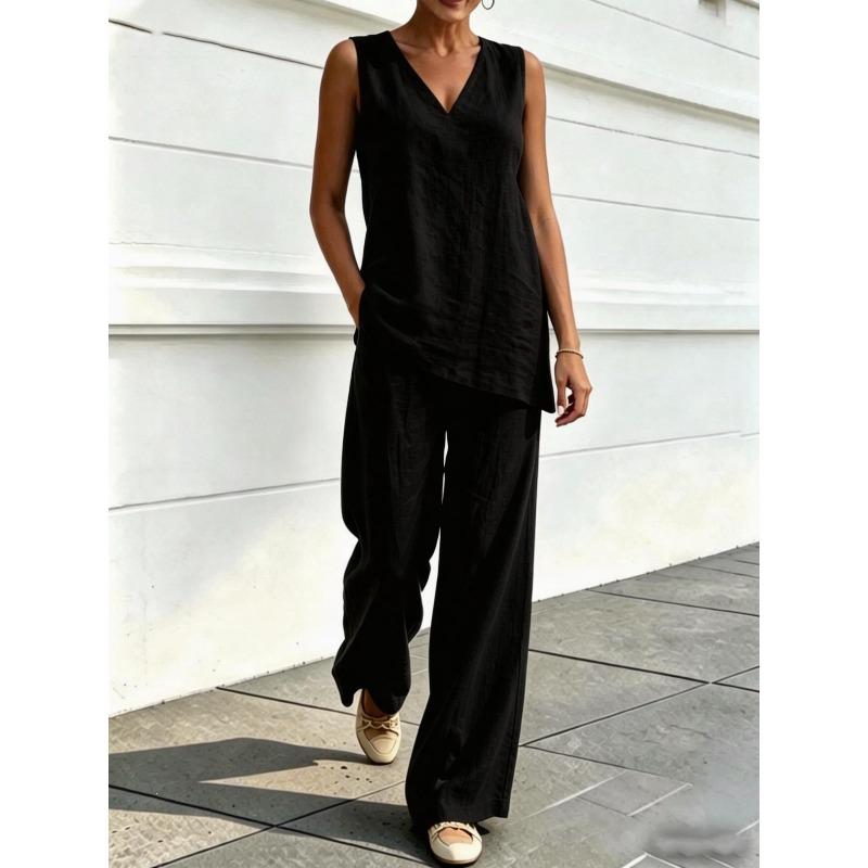 PEYWOW Costume de pantaloni casual de modă pentru femei, fără mâneci, cu decolteu în V