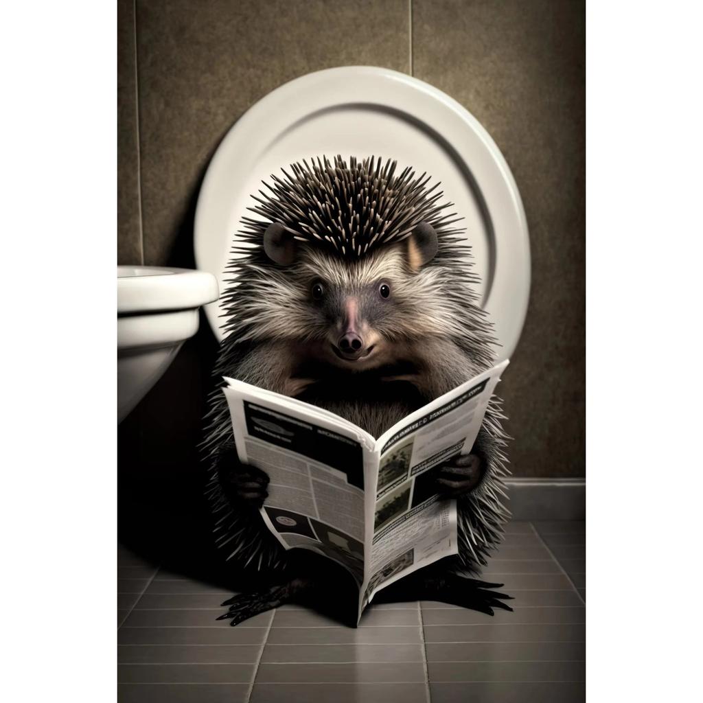 Funny Bathroom Humorous Animal Wall Canvas Paintings Decor Bear Dog Tiger Sitting On Toilet Reading Newspaper Poster Art Print