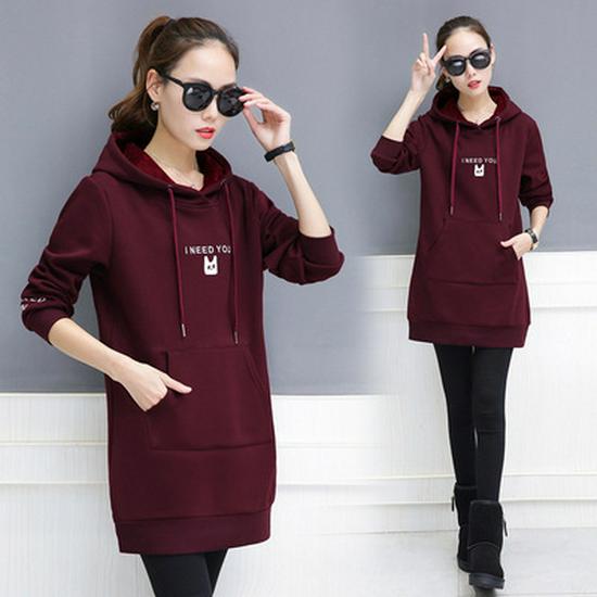 2026 Autumn/Winter Korean Mid-Length Loose Hooded Velvet Sweatshirt for Women