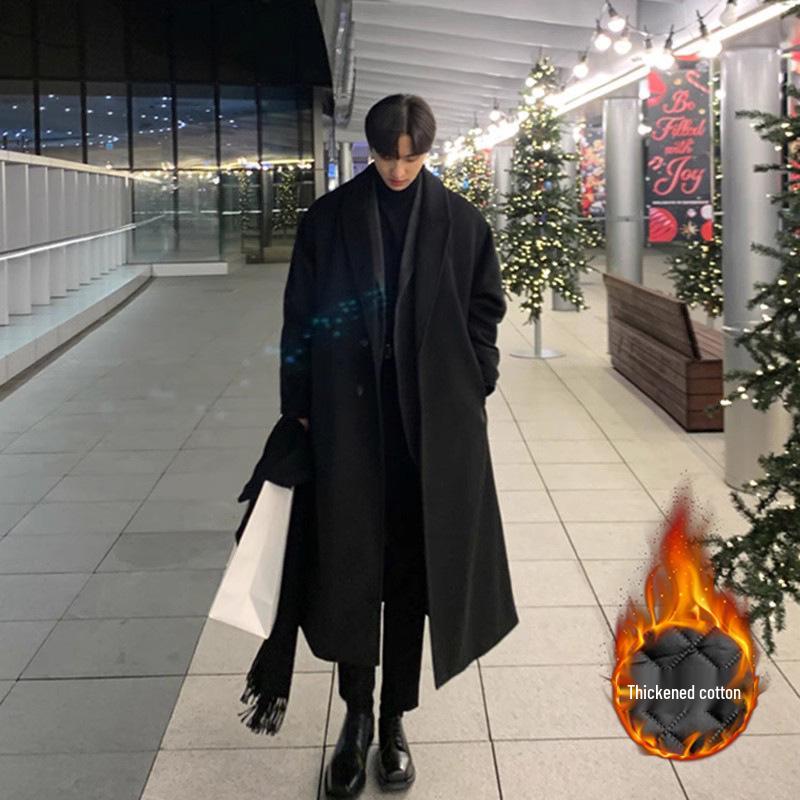 Men's Korean Style Long Wool Overcoat - Winter Casual Thickened Trench Coat Trend