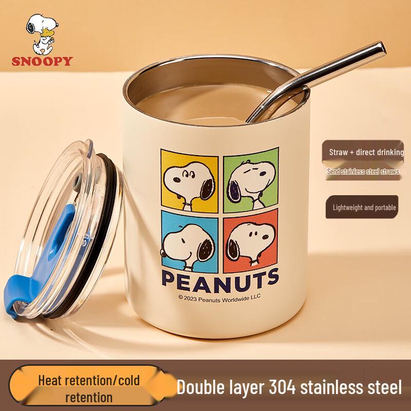 SNOOPY Изолированный стакан для кофе из нержавеющей стали 304 с соломинкой