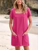 Women's Casual Square Neck Short Sleeve Pocket Solid Color Dress for Summer 2026