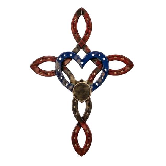 DYS Metal Horseshoe Heart Wall Cross Decor, Hanging Art, Decorative Cross, Rustic Spiritual Art Sculpture for Farmhouse Garden Yard Patio Fence