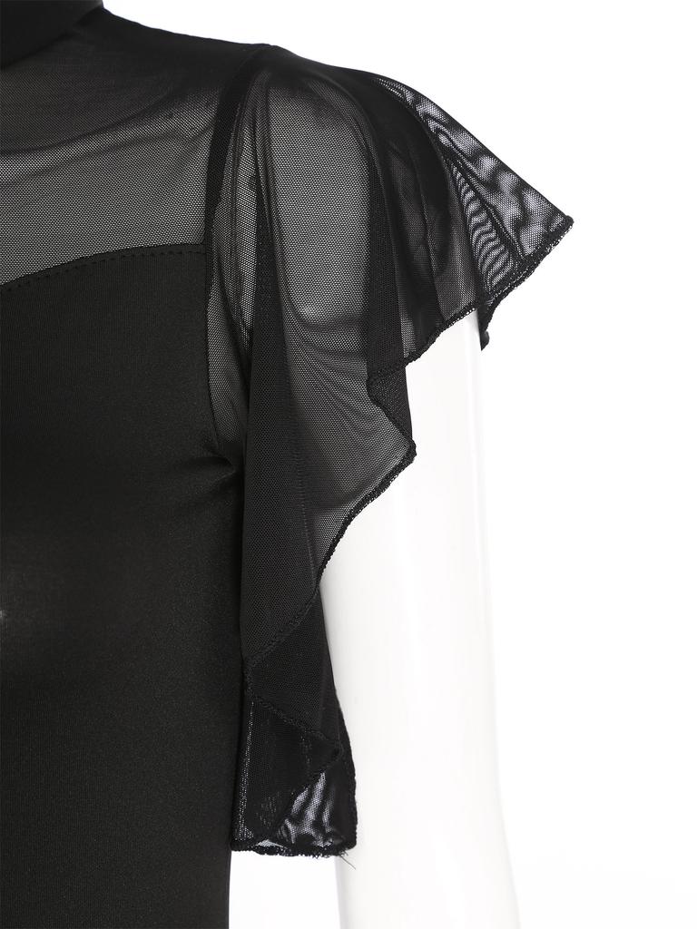 Womens Cha Cha Costume Mesh Ruffles Short Sleeve Leotard Adjustable Back Tie Design Stage Dancewear