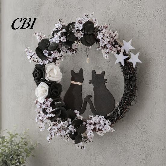 Halloween Floral Hanging Decoration Garland, with String Lights, Black Cat Silhouette Glow Moon Lights Wreath, for Front Door Indoor Outdoor