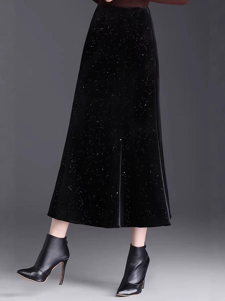 Black Velvet Sequin Fishtail Skirt - 2026 Spring High-Waisted Bodycon Skirt for Commuting