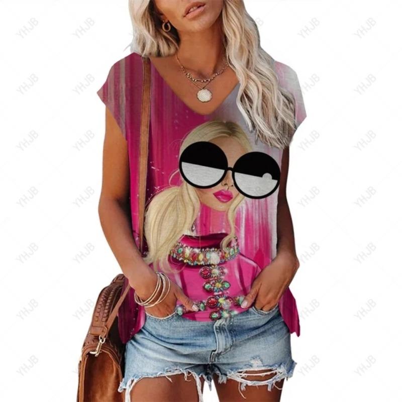 Summer New Product Cool And Comfortable V-neck T-shirt Women's Elegant Flower Print Top Casual Simple Short Sleeved T-shirt
