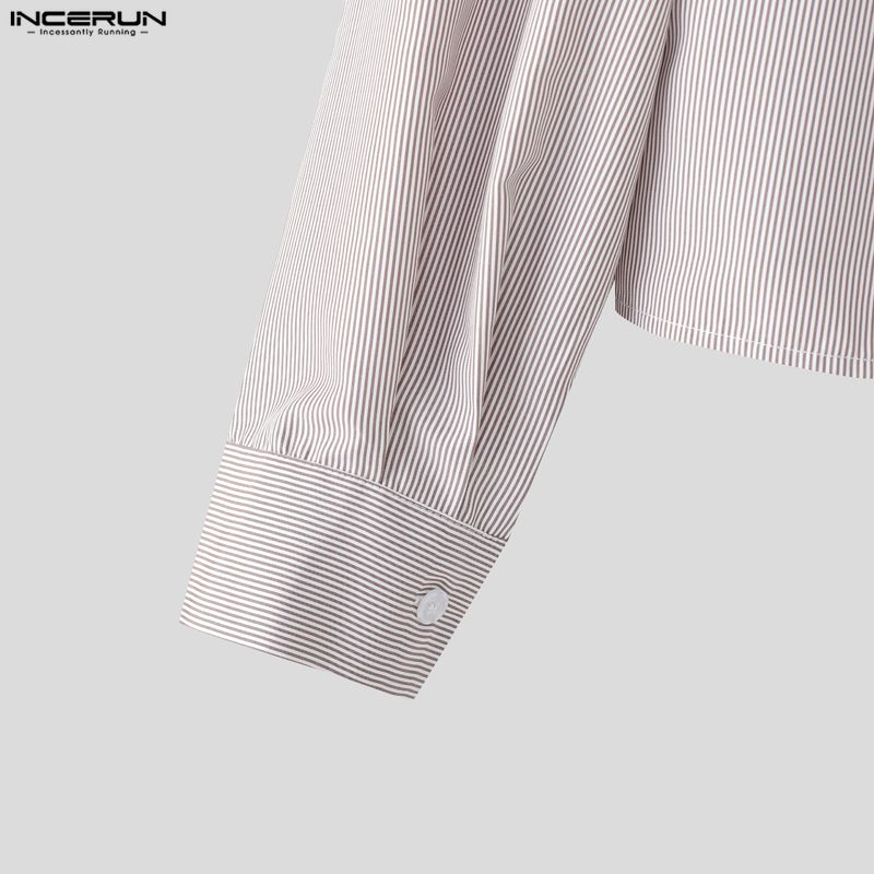 INCERUN Oversized Men Casual Loose Long Sleeve Striped Print Short Shirts Tops