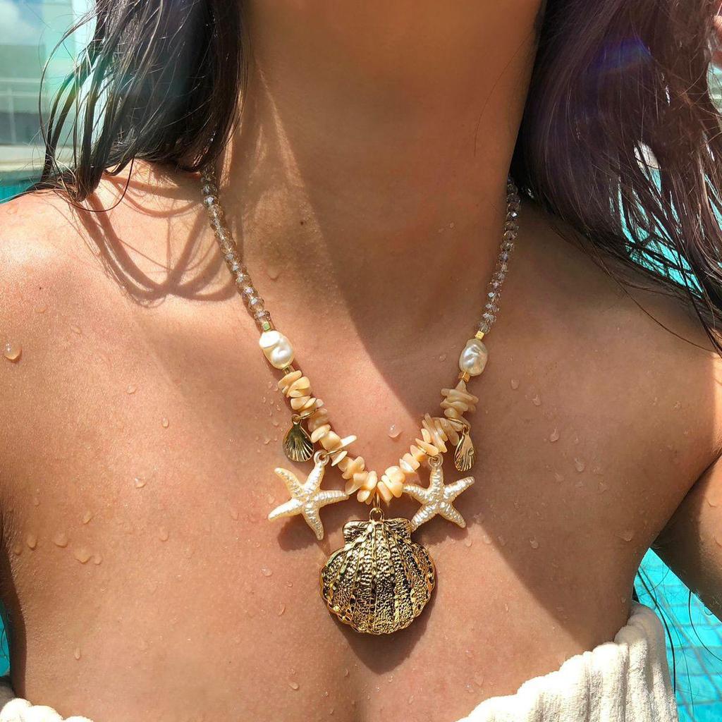 Vintage Boho Conch Shell Necklace  Coral Seashell Choker Starfish Simulation Pearl Pendant Accessories