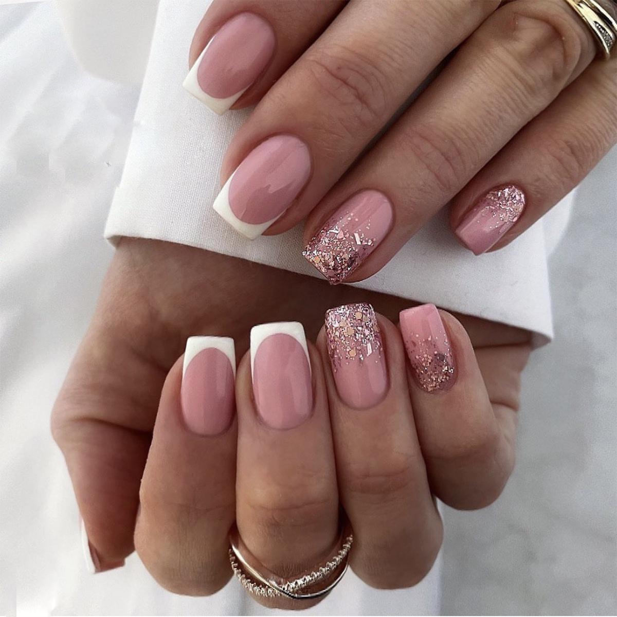 Detachable White French Glitter Sequin False Nail Tips Glue Kit