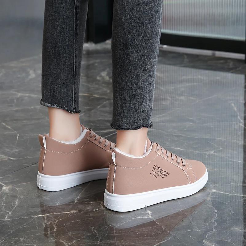2024 Shoes Female PU Women's Vulcanize Shoes Outdoor Warm Women Sneakers Round Toe Lace Up Low Flat with Ladies Casual Shoes