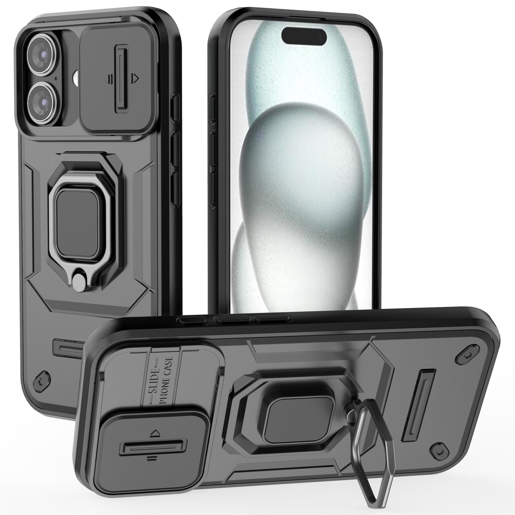 

For iPhone 16 Case Ring Kickstand PC+TPU Phone Cover with Lens Shield