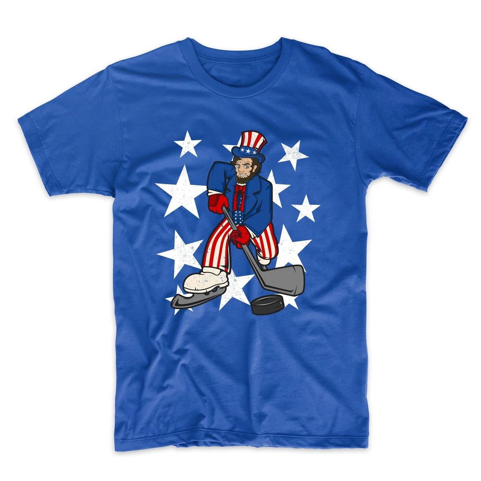 Abraham Lincoln Playing Hockey Funny 4th of July Hockey Blue T-Shirt 4XL