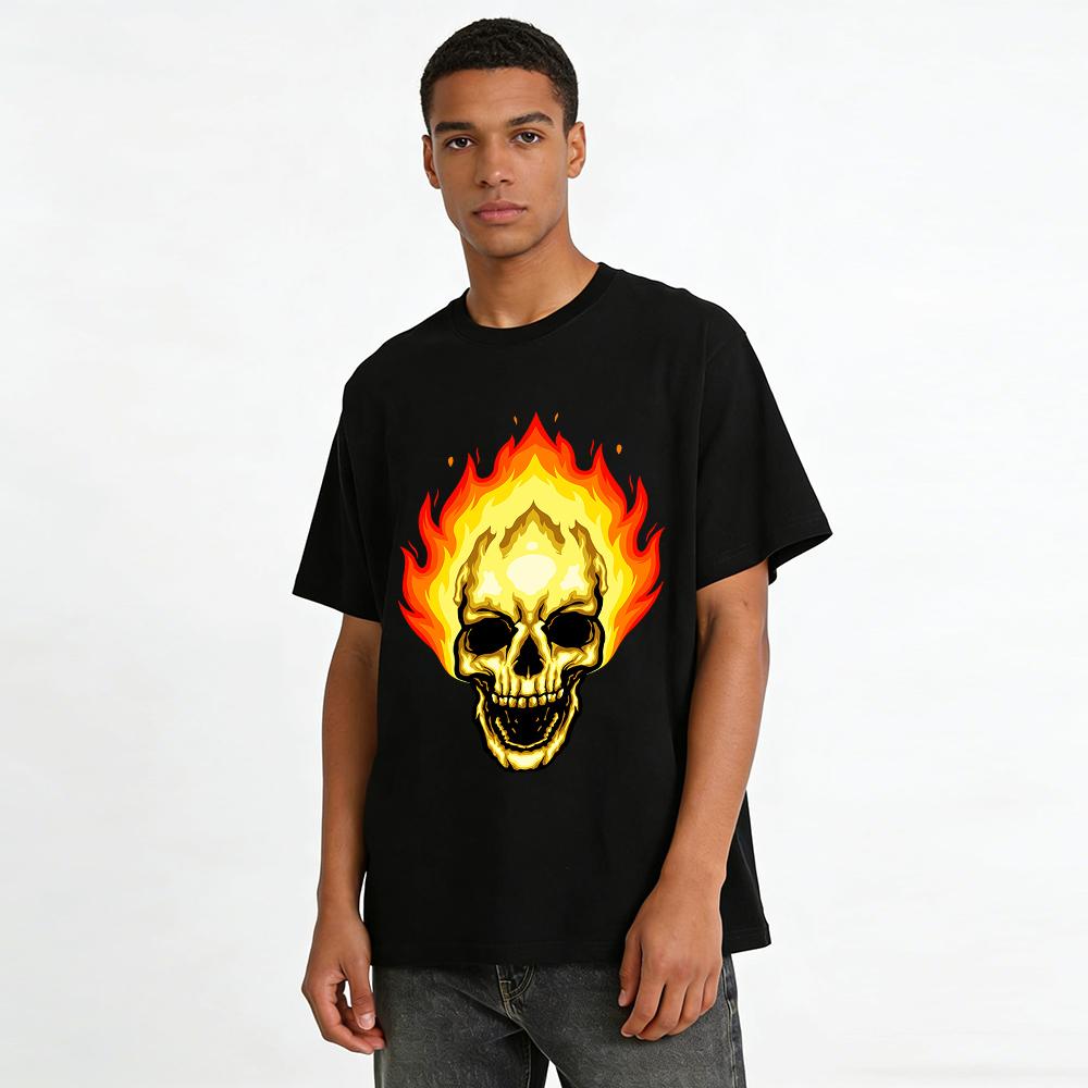 Flaming Skull Print Men's Street Style Casual Short Sleeve T-Shirt Pure cotton T-shirt