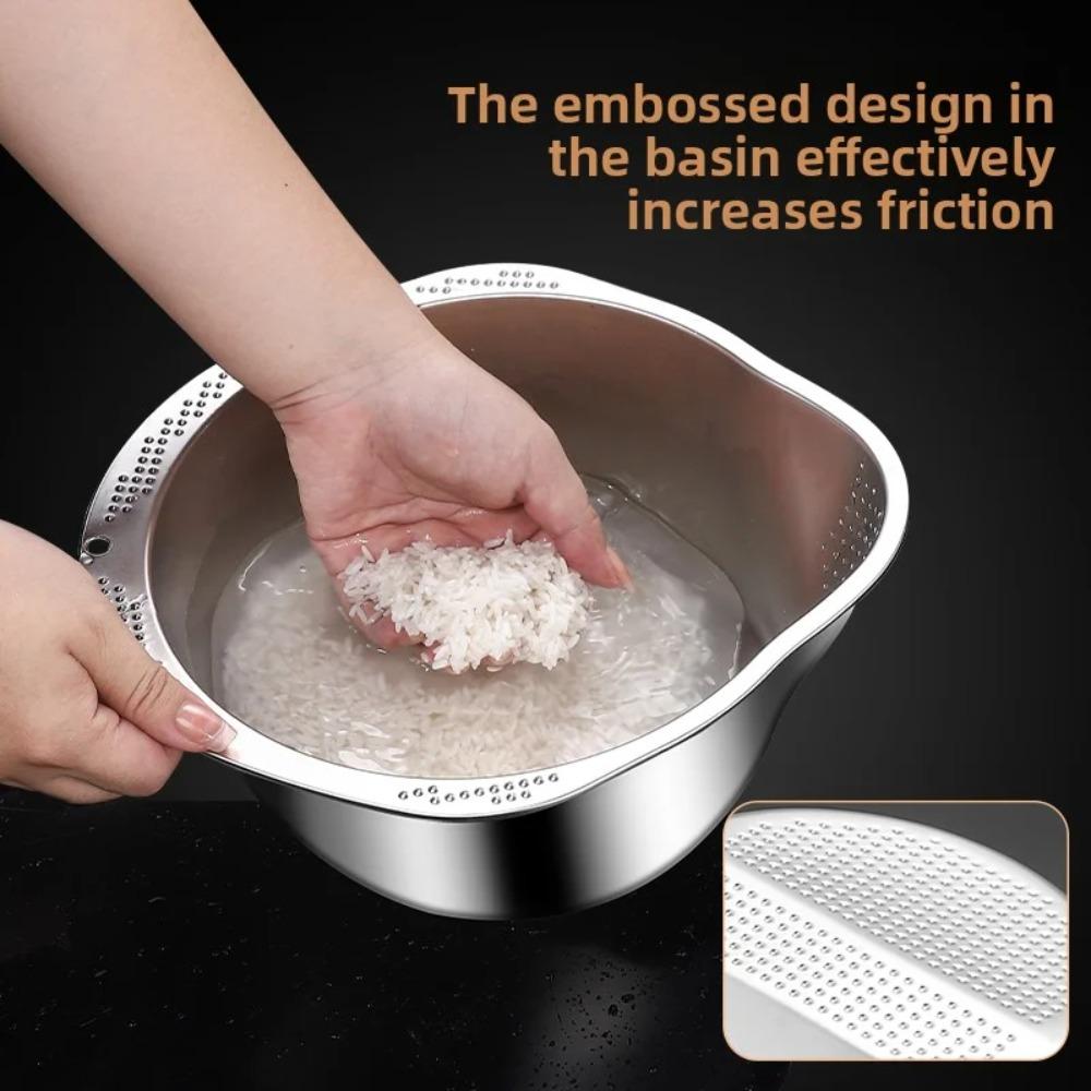 1PCS Rice Washer Strainer Bowl Stainless Steel Rinser With Side Drainers Multipurpose Strainer for Cleaning Fruits Vegetables