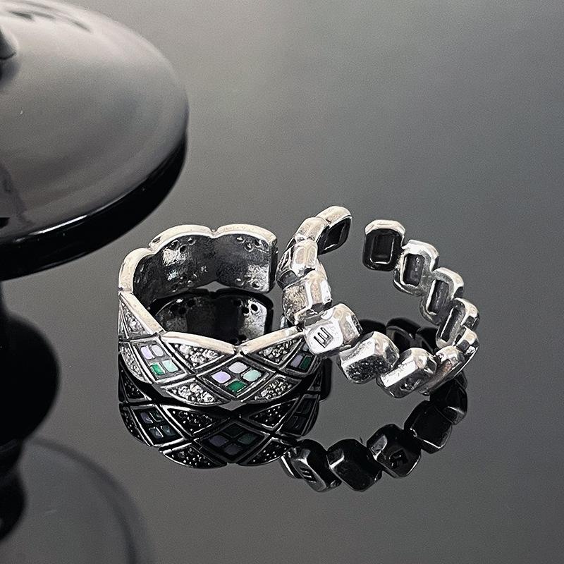 Rhombus Drop Glaze Open Ring Women'S Light Luxury Niche Design Retro Set Exquisite High-End Exquisite High-End Ring