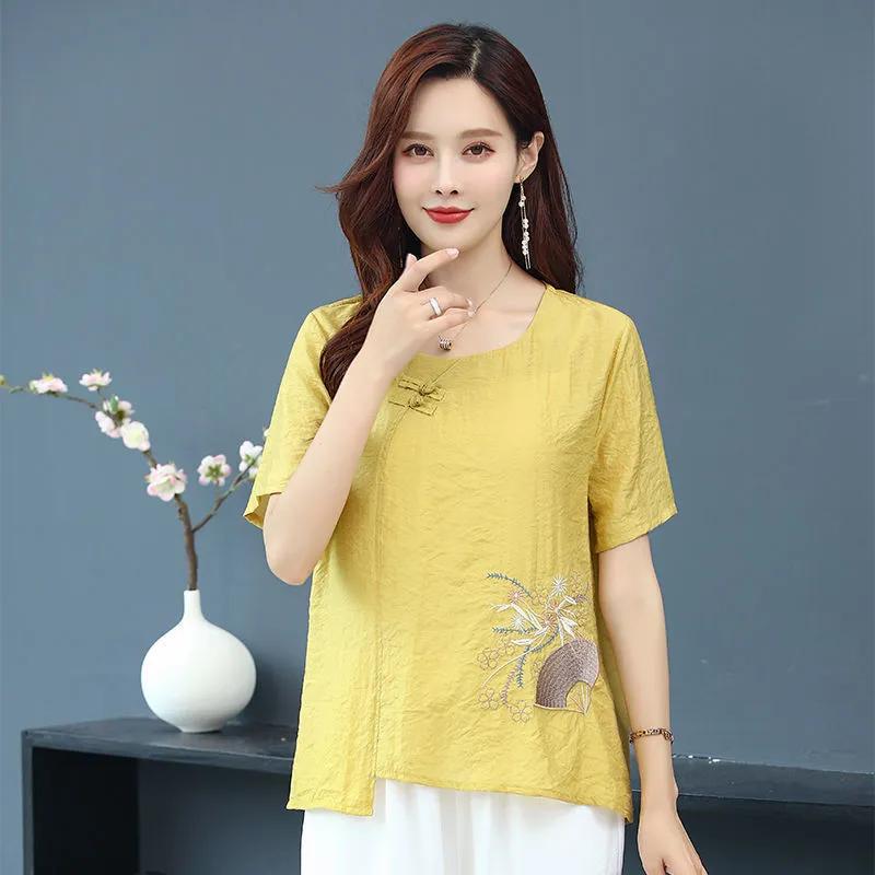 Ladies Summer Embroidery Cotton Linen Short Sleeve T-Shirt Chinese Vintage Loose and Comfortable Top
