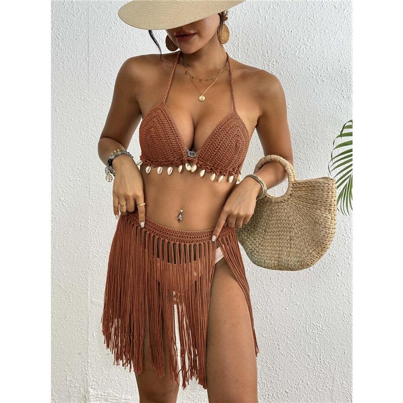 Womens Hand Crocheted Two Piece Bikini Set Shell Patchwork Tie Fringe Skirt Stylish Elegant Beachwear For Summer Vacation