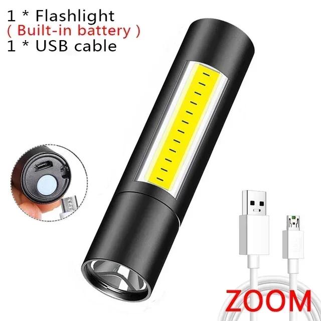 LED Flashlight Rechargeable Super Bright Mini Work Light 3 Modes Waterproof Portable COB Tactical Torch Zoomable Camping Lantern