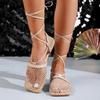 Fashion Fashion Cross Thin Belt Sandals Summer New Square Head Shallow Mouth Rhinestone Mesh Cloth Breathable Soft Sole Flat Shoes