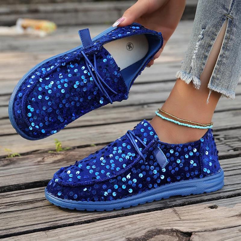 Hot Seller 2024 Novelty Shiny Sequins Flat Loafers Women's Shallow Mouth Lacing Soft Bottom Sneakers Solid Slip-on Large Size 43