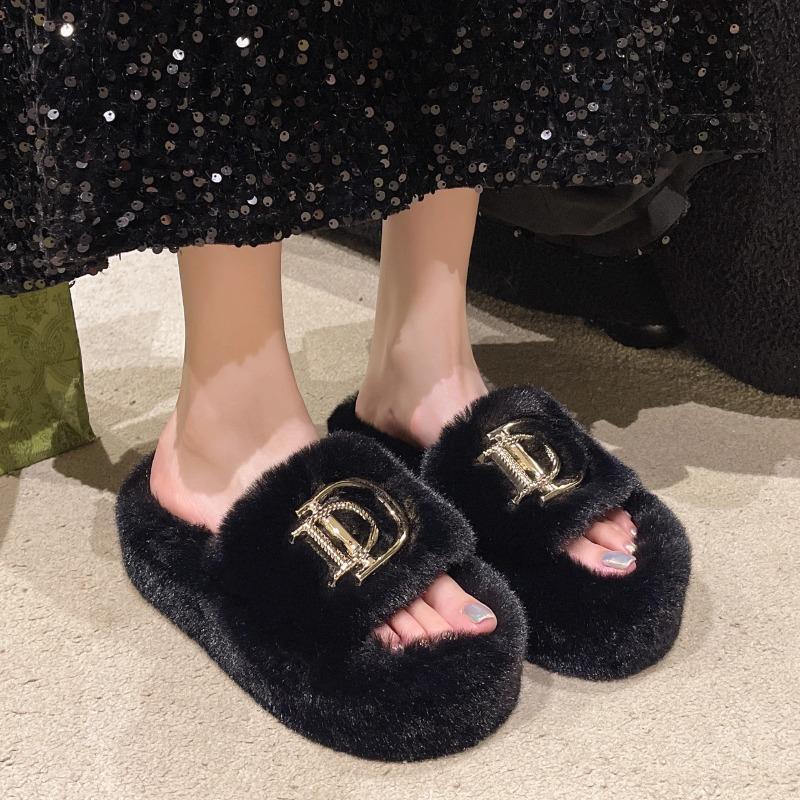 Wear Versatile Warm Winter Slippers Women Outer Velvet Cotton Winter Slippers Thick Bottom Word with Velvet Slippers Women