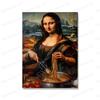 Divertente Monna Lisa con la cottura di spaghetti italiani, arte murale su tela, poster e stampe carini per la cucina, immagini di arredamento per la casa