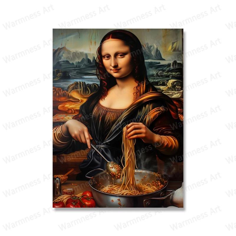 Divertente Monna Lisa con la cottura di spaghetti italiani, arte murale su tela, poster e stampe carini per la cucina, immagini di arredamento per la casa