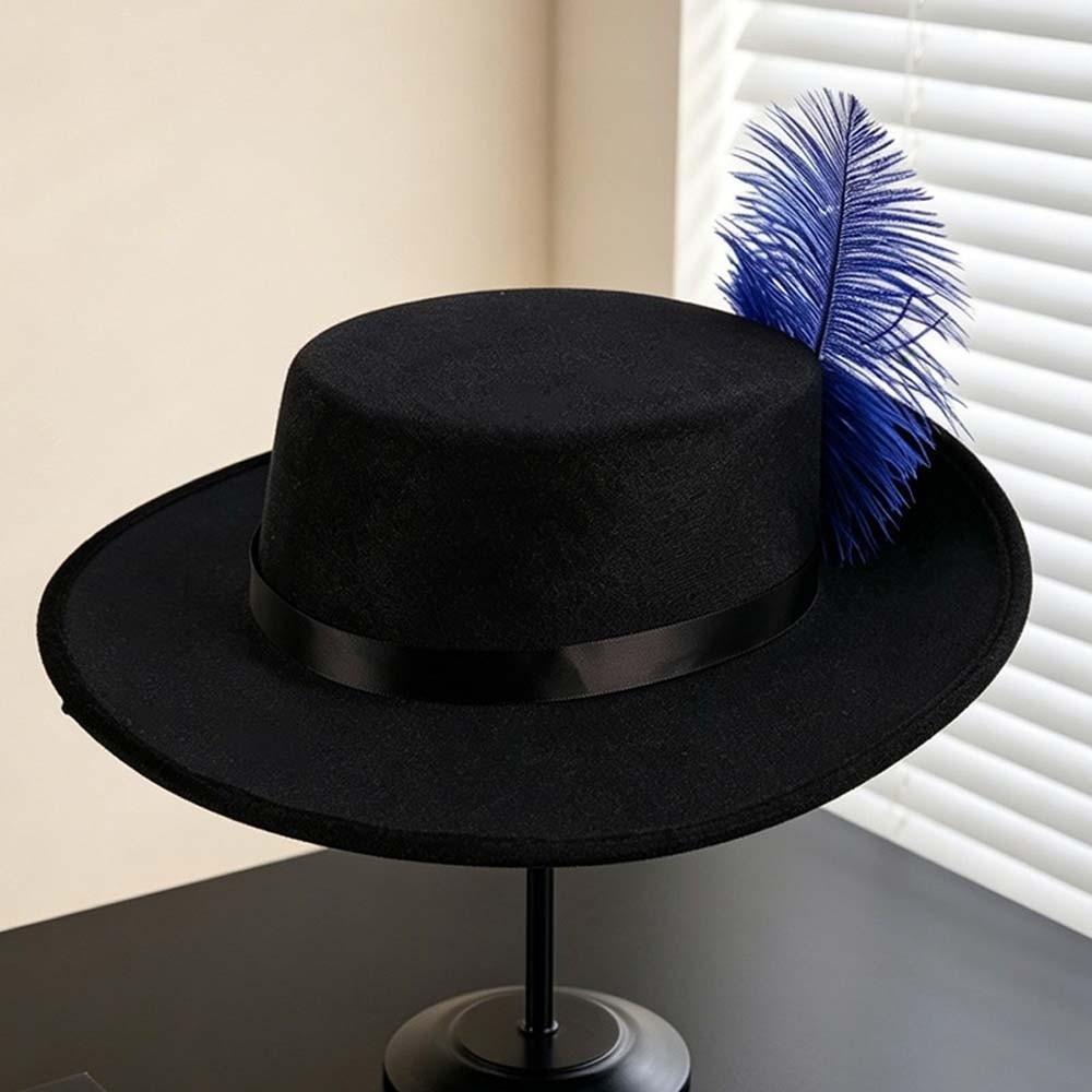 Felt Cavalier Top Hat Artificial Feather Flat Top Feather Stage Cap Retro Style Lightweight Masquerade Headwear Party