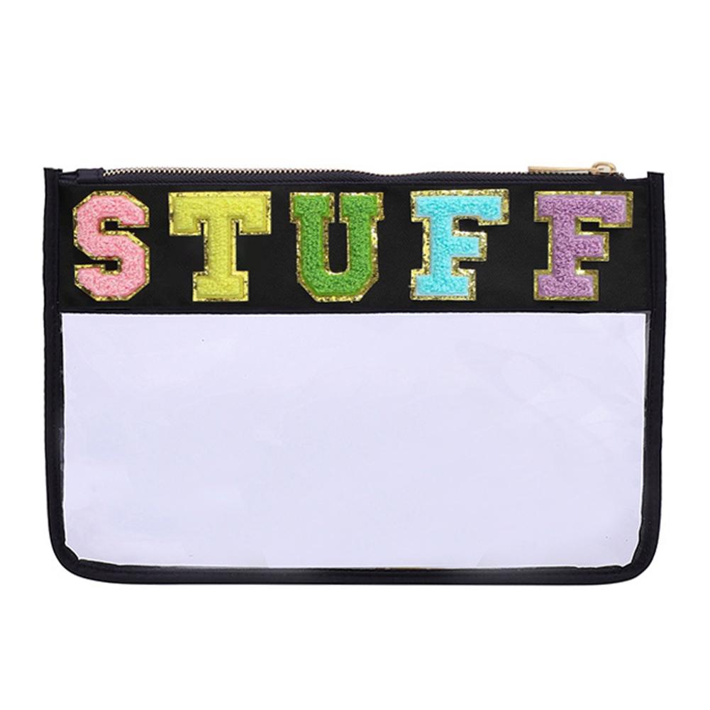 Hot Letter Patches Transparent PVC Cosmetic Bag Clutch Women Clear Travel Make up Cosmetic Bag Pouches Stuff Makeup Toiletry Bag
