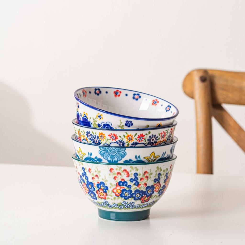 Vintage Polish Rice Bowls - 4pcs Set, Hand-Painted Ceramic for Soup, Salad, Yogurt